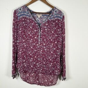 Lucky Brand Long Sleeve Shirt Boho Women's Sheer Vneck 1/4 Button Down Small